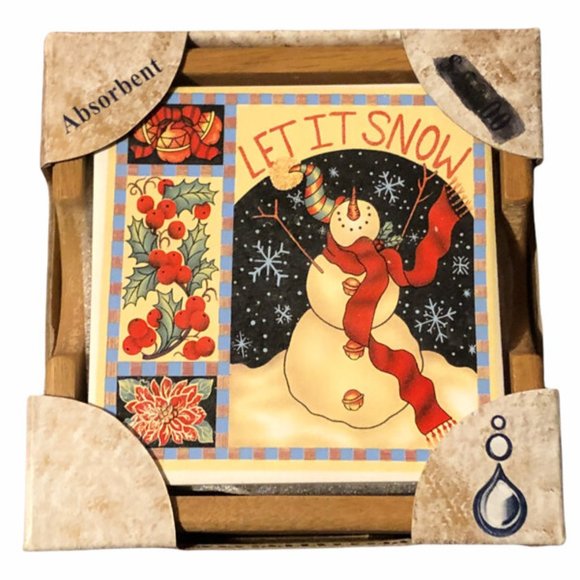 Coasters Snowman Let It Snow Christmas Set of 4 New Absorbent Stone Winter - Picture 3 of 4